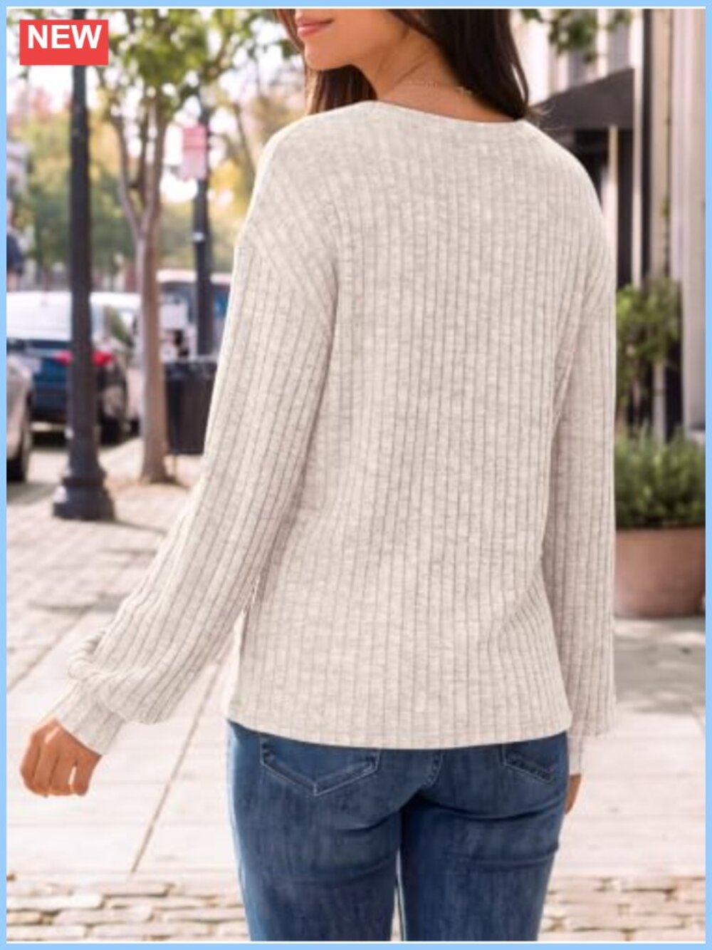 Long Sleeve Ribbed Knit Top with Resin Button Trim Fall Layering - Picture 3 of 5